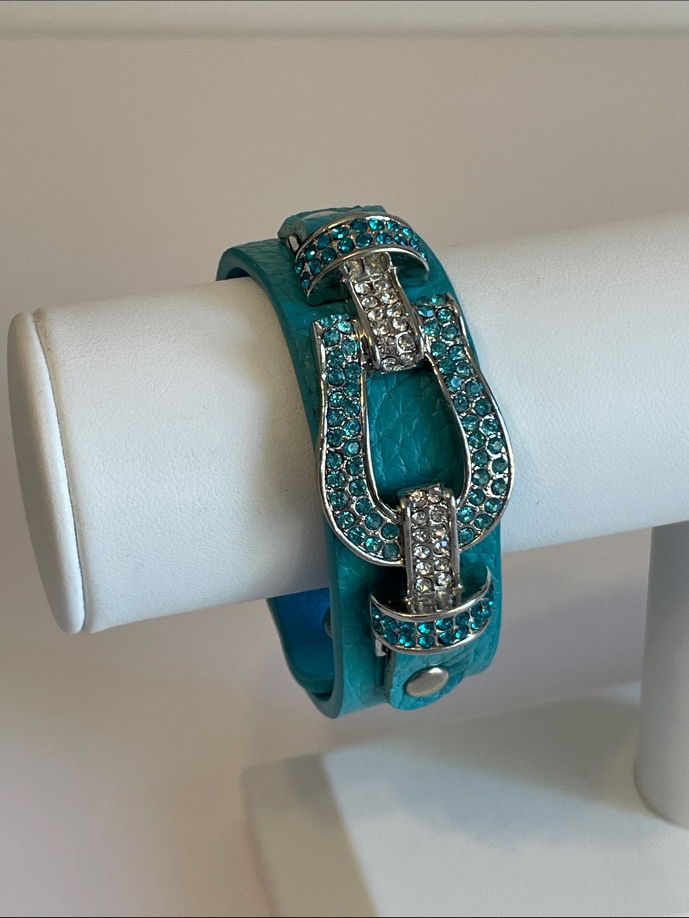Vintage Sigal Turquoise Faux Leather Bracelet w/ Rhinestone Accented Horseshoe
